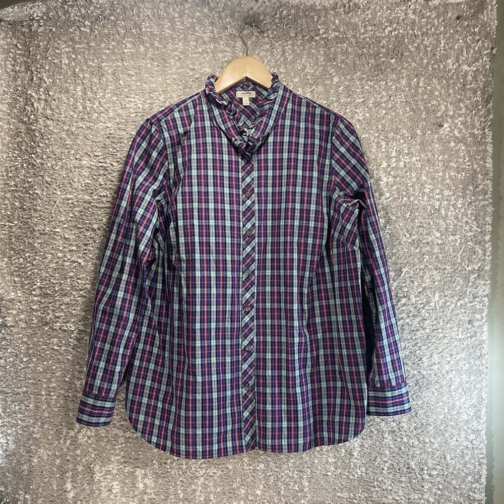 Talbots Women's Plaid Ruffle Neck Front Button Shirt Sz X Western Casual Cotton